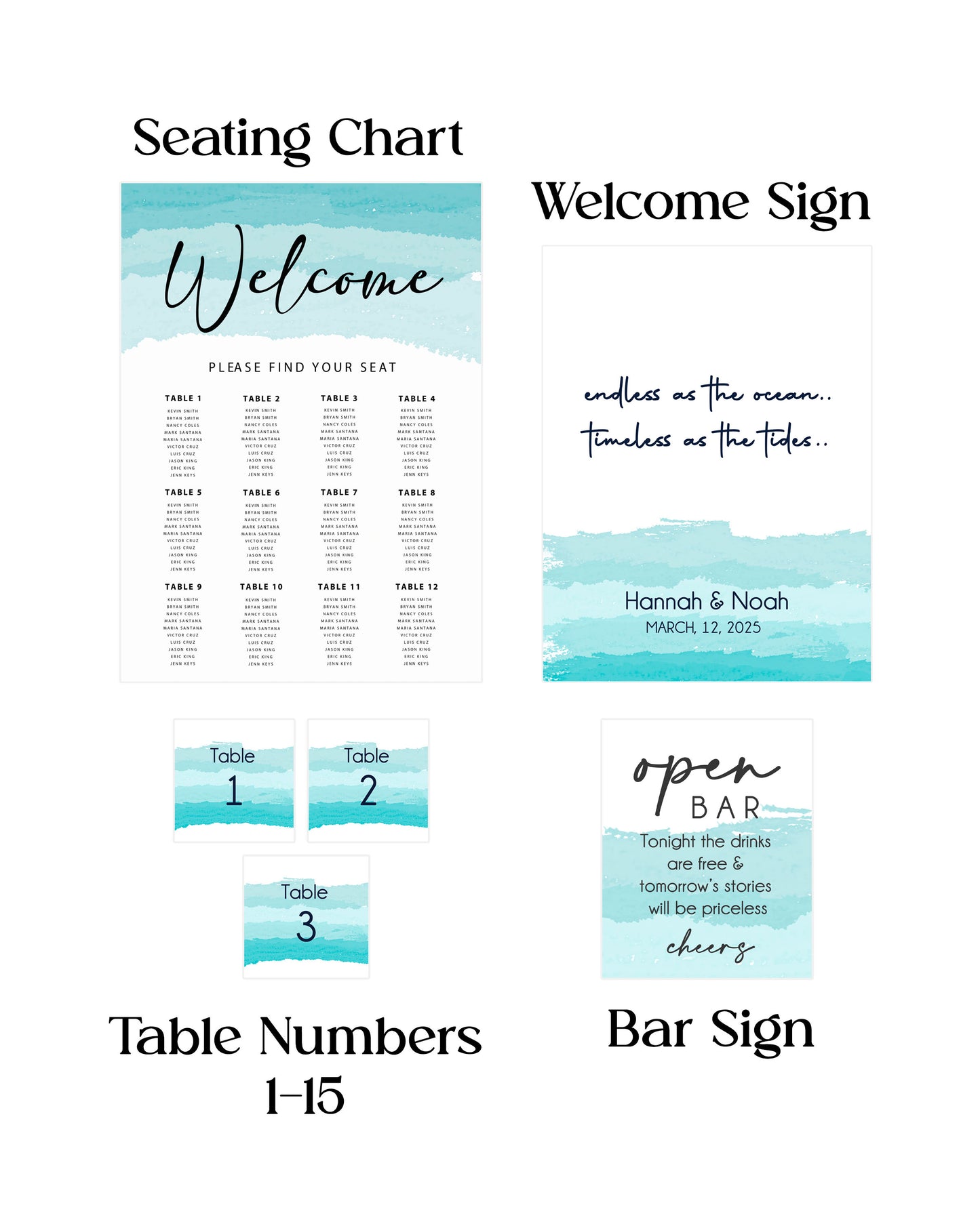 Printed Wedding Sign Bundle, Personalized Wedding Sign, Welcome Sign, Seating Chart & Bar Sign, Beach Wedding Sign, Minimalist Wedding